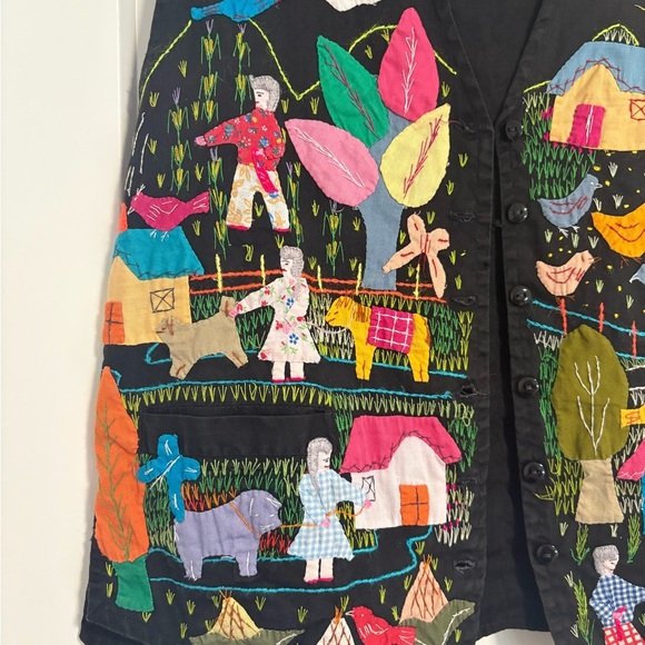 Vintage Women's Handmade Embroidered Village Scene Vest Size Medium - Picture 2 of 10